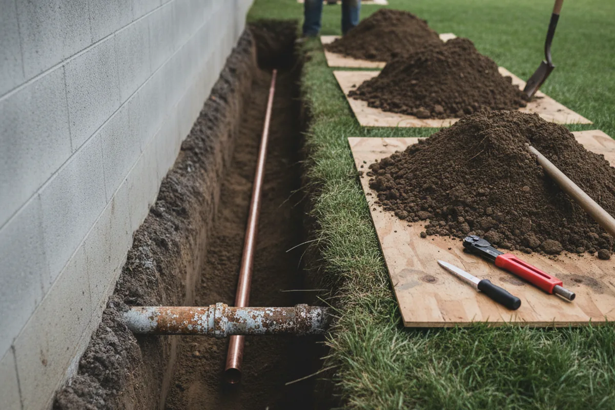 Excavated water line trench during Water Softener Installation in Tye